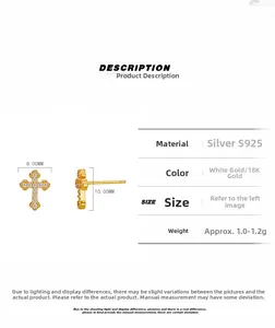 Detailed view of S925 silver cross stud earrings with zircon inlay and 8x10mm dimensions