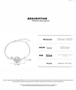 Detail view of S925 sterling silver bracelet with floral stone charm and dimensions