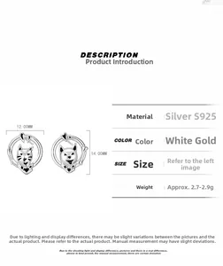Detailed size specifications of cute S925 sterling silver cat stud earrings for women