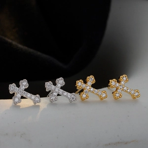 925 Sterling Silver Cross Stud Earrings For Women Rhinestone Inlaid Dainty Minimalist Jewelry Platinum Gold Plated Earrings