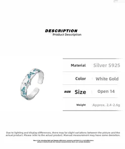 Detail view of S925 sterling silver butterfly ring with blue enamel and dimensions