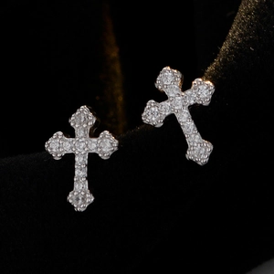 Minimalist S925 sterling silver cross stud earrings featuring paved white zircon stones