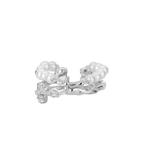 Irregular silver S925 ring featuring layered pearls and cross charm on white background