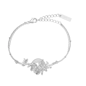 S925 sterling silver bracelet with double chain and organic coral motif jade ring