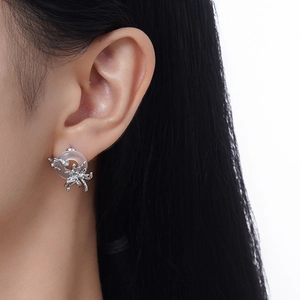 Minimalist S925 sterling silver stud earrings with translucent round stone on model