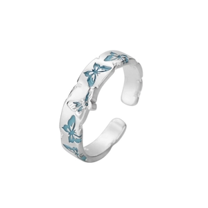 Adjustable S925 sterling silver butterfly ring with light blue enamel dripping oil glaze