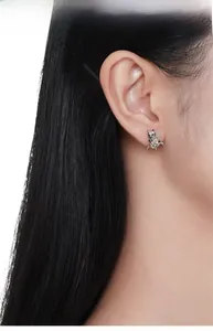 Detailed close-up of a tiny S925 silver cat earring with guitar and black enamel finish
