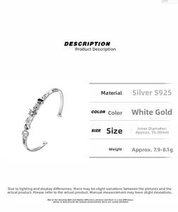 Detail view of S925 sterling silver open bracelet with cat relief and 55mm inner diameter