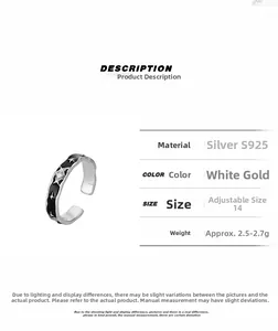 Detailed spec chart of S925 silver star ring with black enamel and zircon inlay