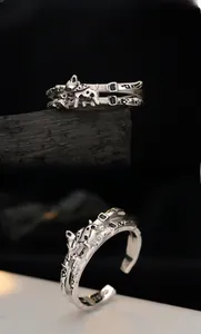 Detail view of S925 sterling silver vintage cat ring with intricate layered design