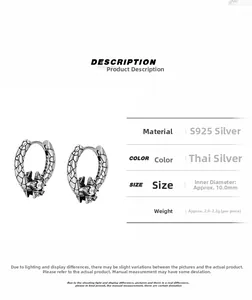 Macro detail of S925 sterling silver hoop earrings with vintage texture and size info