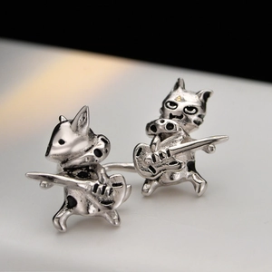 S925 Sterling Silver Cat Dog Guitar Playing Stud Earrings Creative Sweet Cool Rock Music Animal Earrings For Women Jewelry Gift