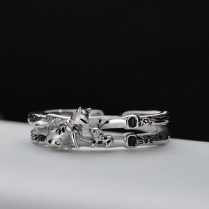 S925 Sterling Silver Cat Ring For Women Korean Niche Design Hollow Double Layer Adjustable Open Ring Cute Animal Embossed Finger Jewelry Gift