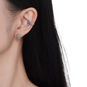 S925 sterling silver cat and dog ear cuff and stud earring set on female model