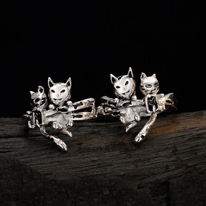 Retro S925 sterling silver cat ear clip earrings with vintage oxidized finish design