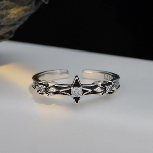 Vintage 925 Sterling Silber Stern Offener Ring Für Damen Retro Geometrisch Abgenutzt Eingelegt Strass Verstellbar Schmuck