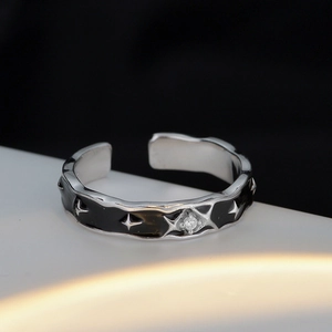 Minimalist S925 sterling silver open ring with black enamel and star patterns