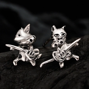 Rock style S925 sterling silver cat and dog guitar stud earrings in vintage silver finish
