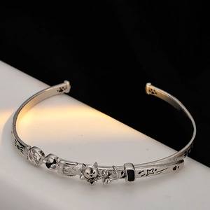S925 Sterling Silver Cat Dog Relief Open Bangle Vintage Black Stained Adjustable Bangle For Women Fashion Designer Jewelry