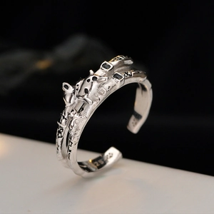 S925 Sterling Silver Vintage Cat Dog Open Ring For Women Adjustable Sweet Cool Double Layer Star Paw Print Animal Jewelry
