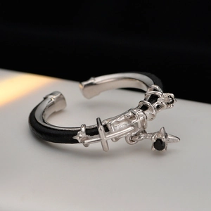 Retro S925 sterling silver open ring with leather trim and star cross pendant