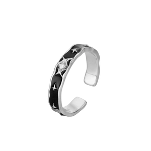 Minimalist S925 sterling silver open ring with black enamel star and cubic zirconia