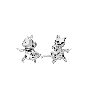 Asymmetric S925 sterling silver cat guitar earrings with vintage oxidized finish