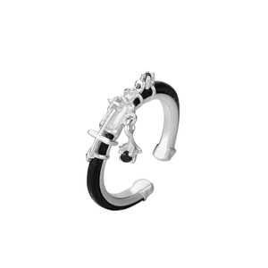 S925 sterling silver leather rope ring with cross sword and black gemstone pendant