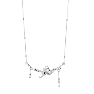 S925 sterling silver cat necklace with playful fish and bone pendants on a chain