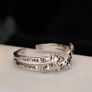 S925 sterling silver open ring with vintage cat and star patterns in layered design