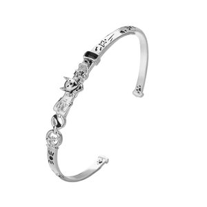 Designer S925 sterling silver open bangle with embossed cat motifs and black enamel