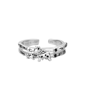 S925 sterling silver open ring featuring a cute cartoon dog and vintage embossed patterns