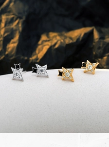 Macro shot of S925 sterling silver star earrings with zircons on display stand