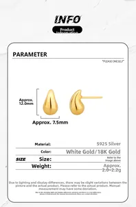 Détails des boucles d'oreilles goutte en argent S925 avec dimensions 12mm par 7,5mm