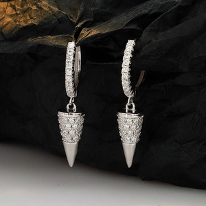 Orecchini a Cerchio con Pendente a Cono in Argento Sterling 925 Minimalista Coreano con Strass Geometrici per Donna