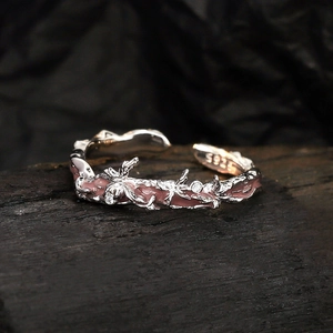 S925 sterling silver pink enamel butterfly thorn open ring with white zircon stones