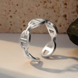 Minimalist 925 Sterling Silver Anchor Chain Open Ring For Women Matte Finish Adjustable Finger Ring Jewelry Gift