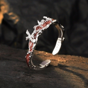 S925 Sterling Silver Butterfly Open Ring For Women Adjustable Pink Enamel Irregular Thorn Branch Sweet Cool Jewelry Ring