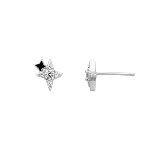 S925 sterling silver star stud earrings with sparkling zircon and black enamel detail