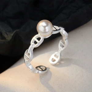 Minimalist S925 sterling silver open ring with pearl and chain link design