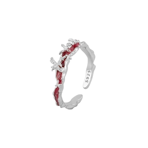 S925 sterling silver butterfly ring with red enamel and organic vine design