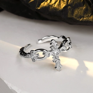 Gothic Cross 925 Sterling Silver Ring Vintage Palace Style Rhinestone Inlaid Open Adjustable Finger Ring For Women Jewelry Gift