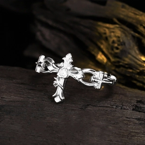 Vintage S925 sterling silver gothic cross ring with central diamond, open adjustable band
