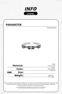 Macro detail of S925 sterling silver floral patterns on vintage Thai silver open ring