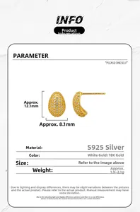 Detail view of oval S925 sterling silver stud earrings with pavé crystals in gold plating