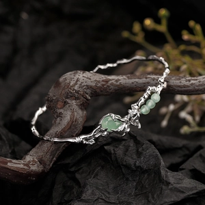 Bracelet Jonc en Argent Sterling 925 Forme de Branche pour Femme Aventurine Verte Incrustée Nouveau Style Chinois