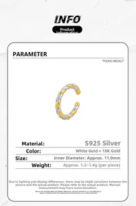 Detail of S925 sterling silver twisted ear cuff with bicolor gold plating and zircons