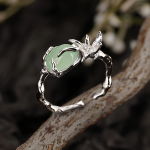 Anello Aperto in Argento Sterling 925 Stile Neo-Cinese per Donna Intarsio di Aventurina Verde Anello Regolabile a Forma di Ramo Gioielli