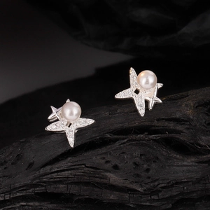 S925 Sterling Silver Star Stud Earrings For Women Elegant Shell Artificial Pearl Zircon Inlaid Minimalist Sweet Personality Jewelry