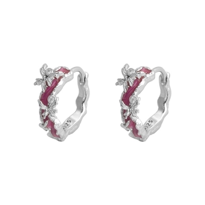 S925 sterling silver hoop earrings with irregular rose red enamel and zircon accents